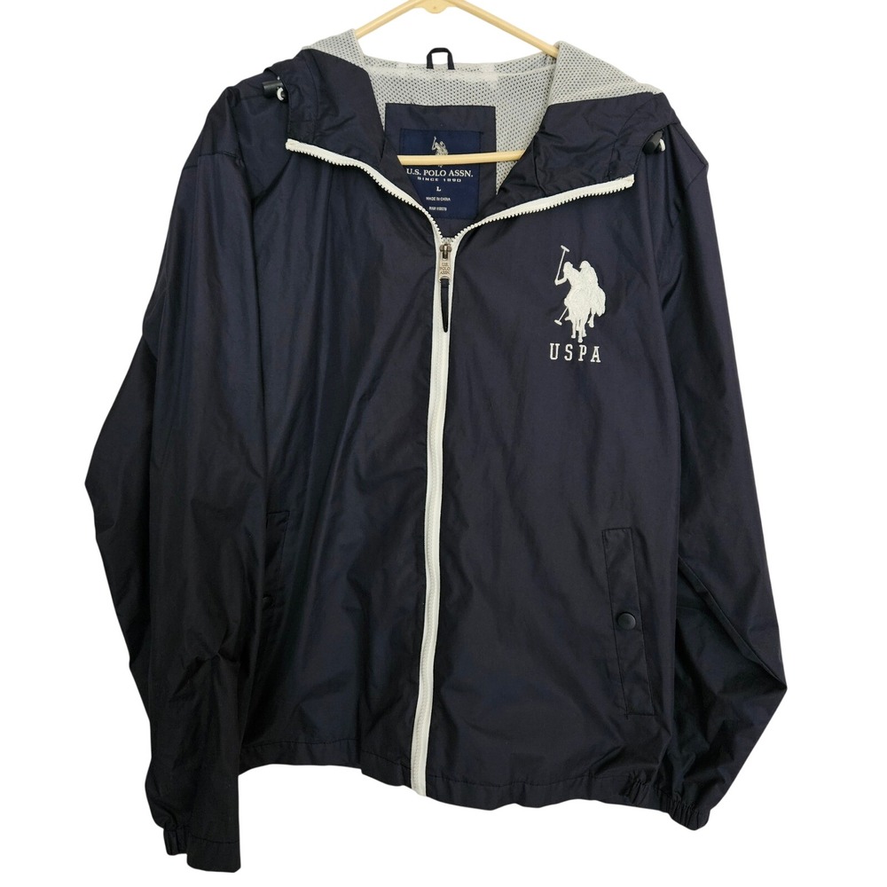 US Polo Assn Mens Large Navy Blue Full Zip Hooded Windbreaker Mesh Lined Jacket